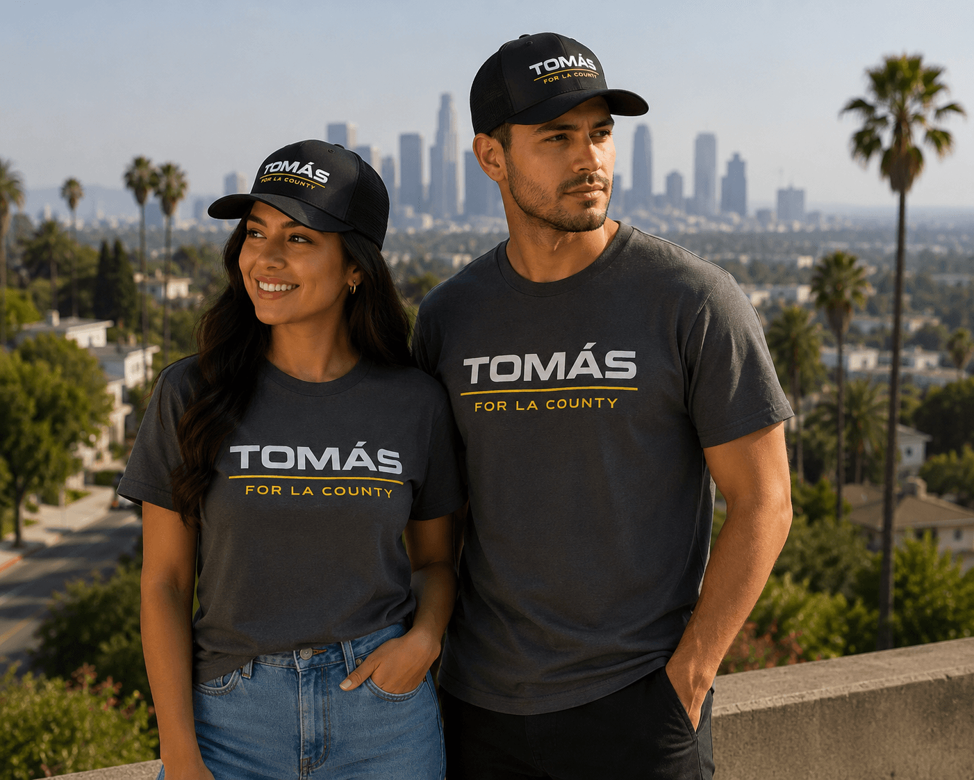 Models wearing Tomás for LA campaign merchandise